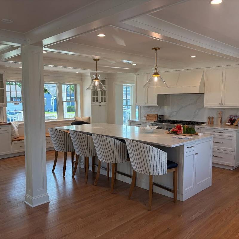 White kitchen with coffered ceiling