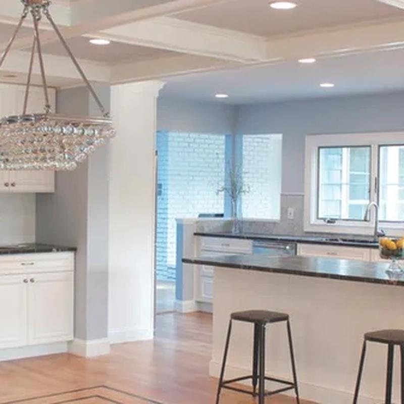 Kitchen with crystal chandelier